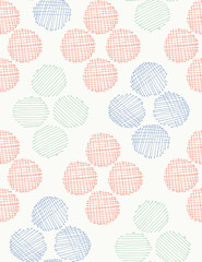 Hand drawn hatched and crosshatched circle groups arranged as geometrical diamonds pattern in colors of peach, blue and green on beige. Abstract seamless vector pattern. Great for home decor, fabric.