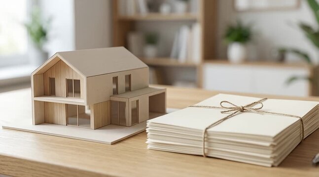 House Model and Property Transfer Closing Documents on Desk, Stacked Paperwork and Pen, Real Estate Transaction Concept