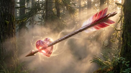 Glowing arrow flies through mystical forest with red feathers and light