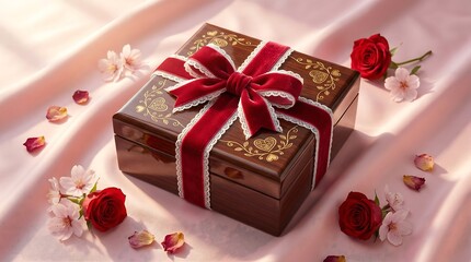 Gift box with red bow and roses on pink fabric background