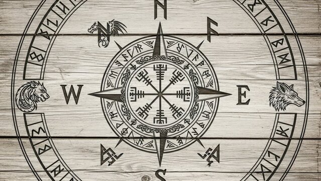 Norse Vegvisir compass on weathered wood background showcasing ancient runes and mythical creatures