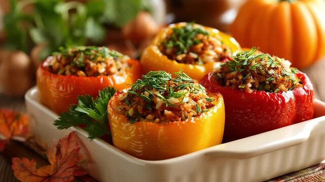 Colorful stuffed bell peppers in ceramic dish garnished with herbs on rustic table. Baked bell peppers filled with Thanksgiving leftovers, concept of homemade fall comfort food