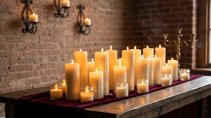 Many lit candles on table indoors with brick wall background scene