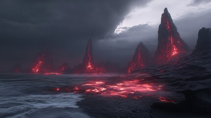 Fiery Volcanic Coastline in a Dramatic Nighttime Scene