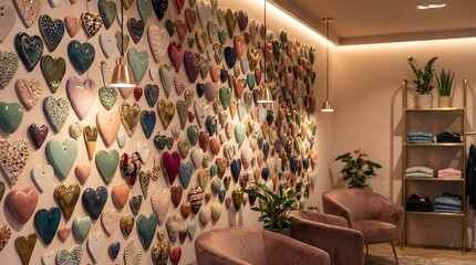 Couple sits amidst vibrant heart decorations in cozy interior space