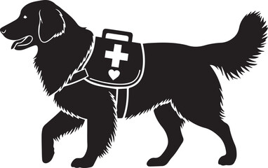 Service dog wearing medical assistance vest Silhouette vector black on a white background