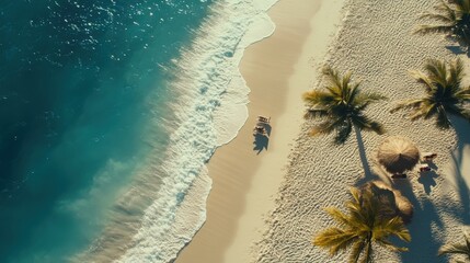 Aerial View of Tropical Beach with Palm Trees, Waves, and Lounge Chairs