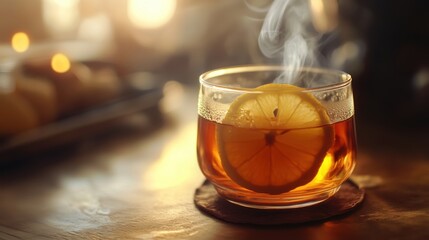 Warm, Steaming Cup of Lemon Tea on a Wooden Table