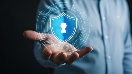 Person holding a glowing blue shield with a key symbol in their palm