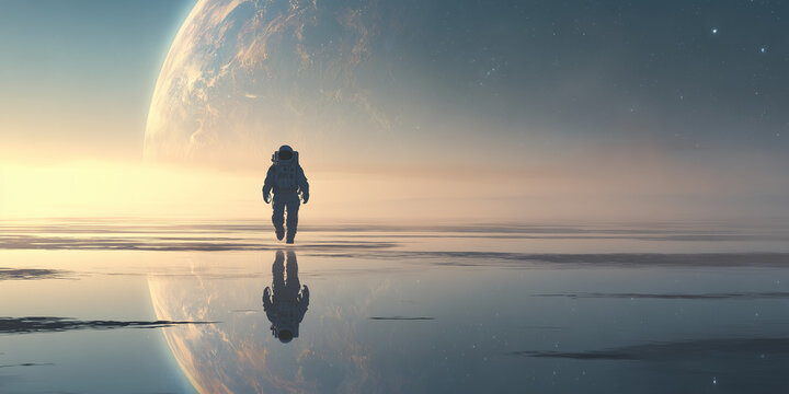 Astronaut Silhouette on Reflective Alien Plain Under Massive Planet, Minimal Cinematic Scene