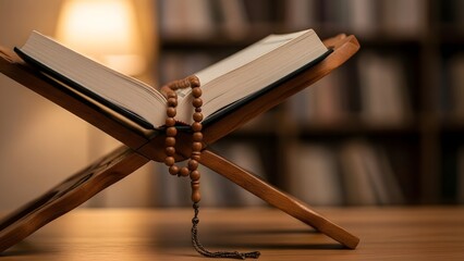 An open book on a wooden stand with a prayer rosary on a table in a library or study