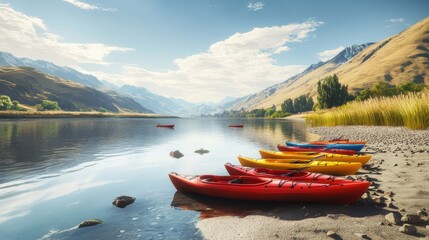 Colorful Kayaks Await Adventurers on a Serene Mountain Lake