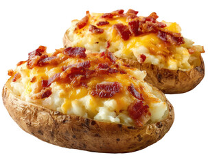 Two baked potatoes topped with cheese, mashed potato, and bacon
