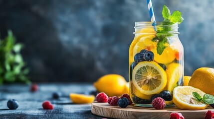 Refreshing Lemonade with Berries and Mint in a Jar on Wooden Surface