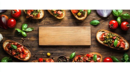Fresh Bruschetta Arrangement on Rustic Wooden Board