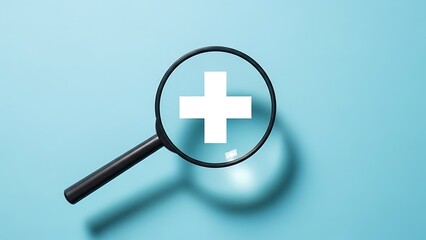 Fototapeta premium Magnifying glass focusing on a white plus symbol on a light blue background