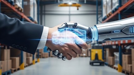 Human hand shaking robotic hand in a warehouse with boxes and shelves