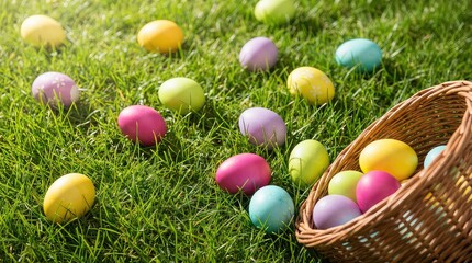 Easter eggs scattered across green grass with a wicker basket filled with colorful eggs nearby for a festive celebration