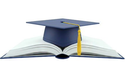 Graduation Cap and Open Book on White Background