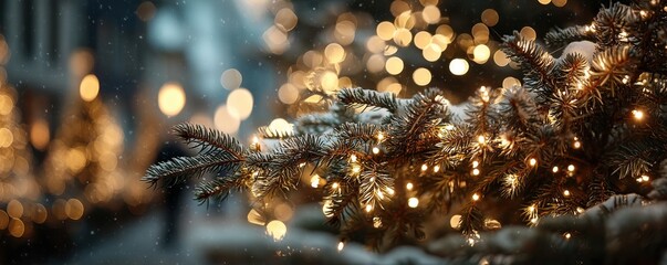 Obraz premium Close-up of warm Christmas lights on an evergreen tree with festive snowfall ambiance