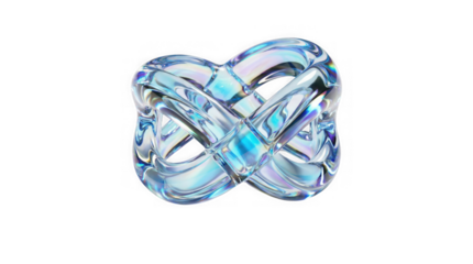 Abstract Glass Infinity Knot Object with Blue and Purple Hues on White Background