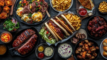 Overhead Shot of a Bountiful BBQ Feast with Ribs, Sandwiches, and Sides