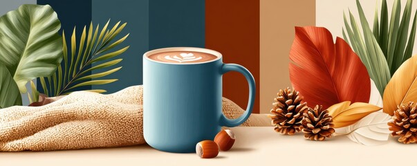 Cozy autumn scene with a blue coffee mug, knitted blanket, leaves, and pinecones