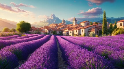 Picturesque Lavender Fields Leading to a Charming Village Under a Mountainous Sky