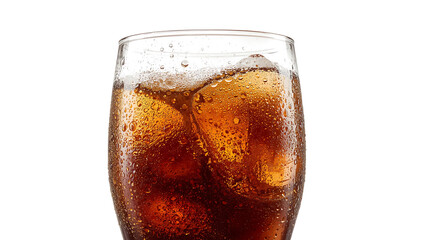 transparent glass filled with cola and ice cubes, classic carbonated drink isolated on white background with refreshing cold feel