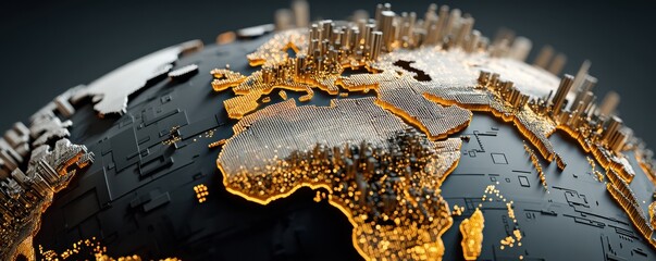 Futuristic gold Earth globe with glowing continents and city silhouettes for global technology imagery concept