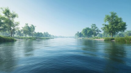 Tranquil River Scene with Lush Green Trees and Reflective Water Surface