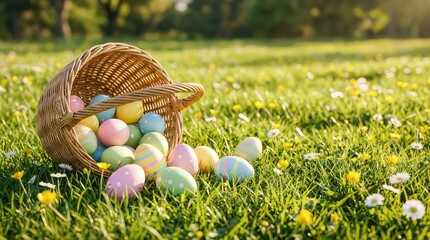 Easter eggs scattered on green grass with a wicker basket filled with colorful decorated eggs and daisies around