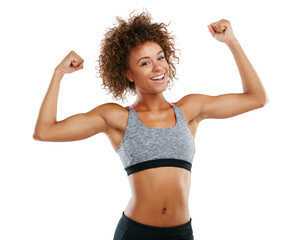 Obraz premium Fitness, woman and flex muscles in studio for workout results, growth progress and training goals. Athlete portrait, african person and happy with biceps on white background for body transformation