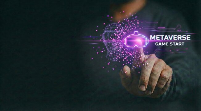 Metaverse concept background, hand touching virtual reality VR headset holographic icon with Game Start text. Futuristic technology neon glowing particles for cyberpunk, AI, augmented reality, and imm
