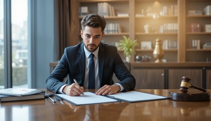 Professional lawyer signing documents at wooden desk in modern office