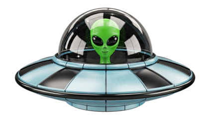 Green alien in a classic flying saucer
