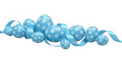 Blue easter eggs with snowflake patterns on a ribbon isolated on transparent background for holiday decoration