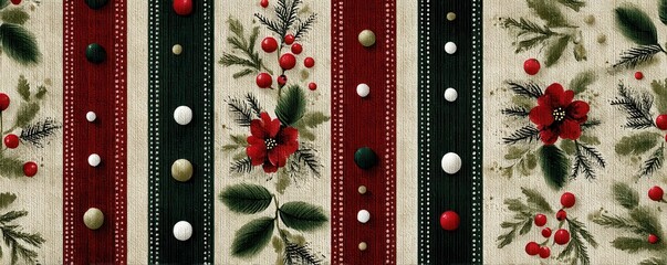 Obraz premium Festive striped pattern with red, green and cream colors for Christmas holiday decor background