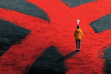 Person in orange hoodie stands at a giant red crossroads, puzzled and seeking direction