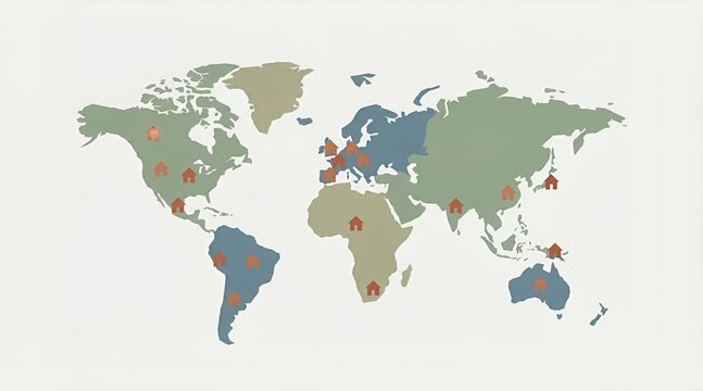 Simplified World Map Illustration with House Icons Across Regions, with Sequential Soft Pulsing Icons