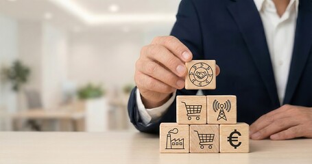 Business ecosystem and supply chain management concept, businessman in suit placing wooden block with handshake icon on top of pyramid stack, integrating industry, retail, communication, and Euro fina