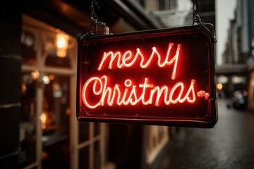 Obraz premium Red neon sign reads Merry Christmas outside a shop, enhancing festive holiday glow
