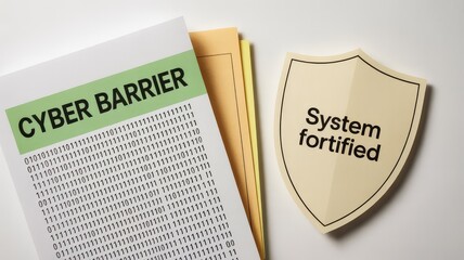 Document with Cyber Barrier and binary code alongside a shield displaying System fortified for digit
