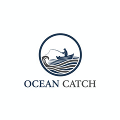 Vintage Fisherman on Boat Ocean Catch Logo