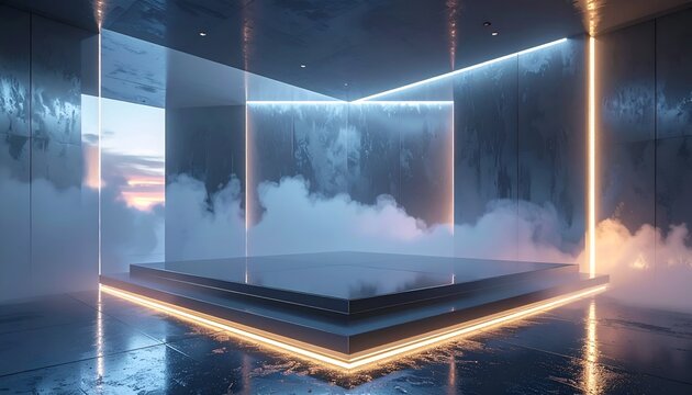 Futuristic stage with geometric lights, clouds, and an open sky - Powered by Adobe