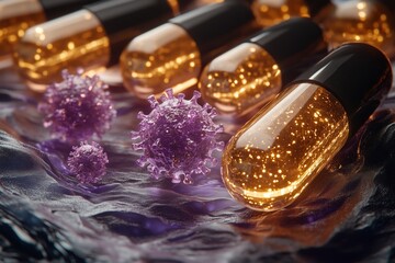 Medical pills with dramatic virus illustration, highlighting antiviral therapy, biotechnology innovation, and pharmaceutical protection against outbreaks