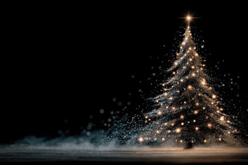 Elegant, sparkling Christmas tree with golden lights against a black night backdrop