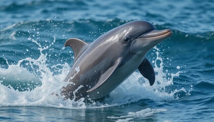 Naklejka premium Dolphin jumping out of ocean waves in a stunning display