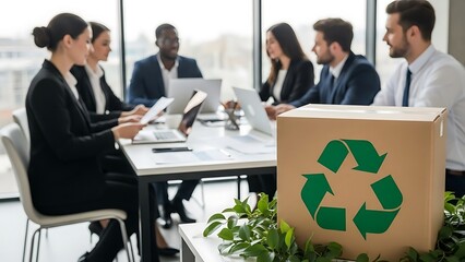 Business team discussing around a table with a cardboard box and recycling symbol