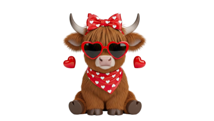 Cute Highland Cow with Valentine's Day Heart Accessories